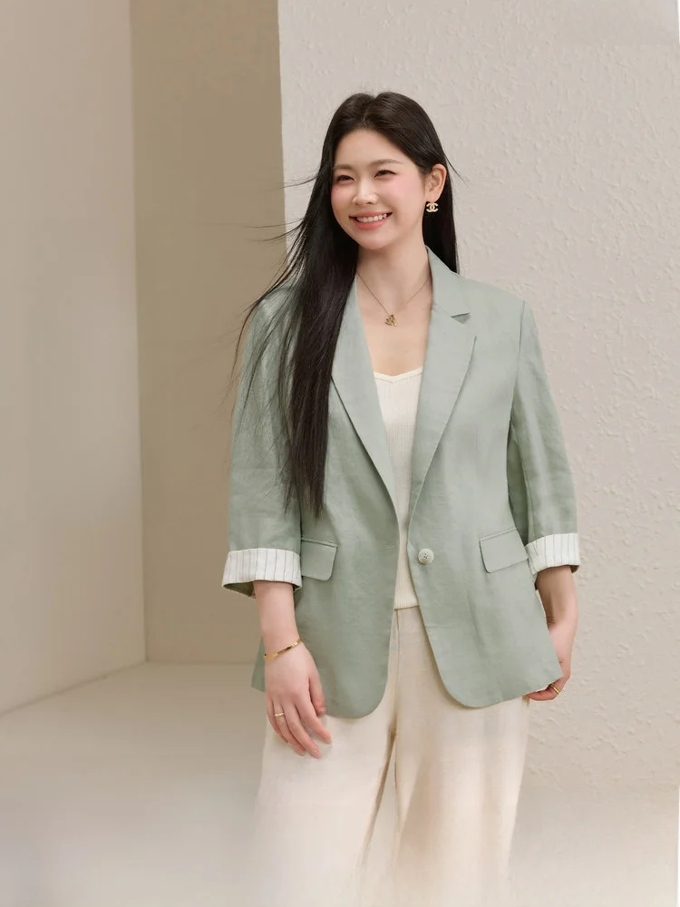 

Slim Fit Striped Patchwork Seven Sleeve Suit Jacket for plus Size Women Summer New Arrival Korean Style Casual Wear