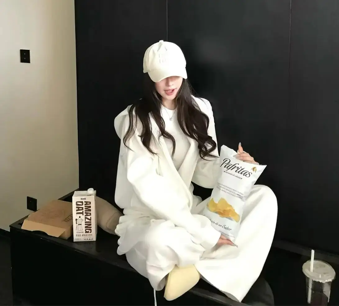 3pcs 1 Set Winter Zip up With Fleece Hooded Sweatshirt O neck Long Sleeve T-shirt Elastic Waist Wide Leg Pant Sweats Pants Suits