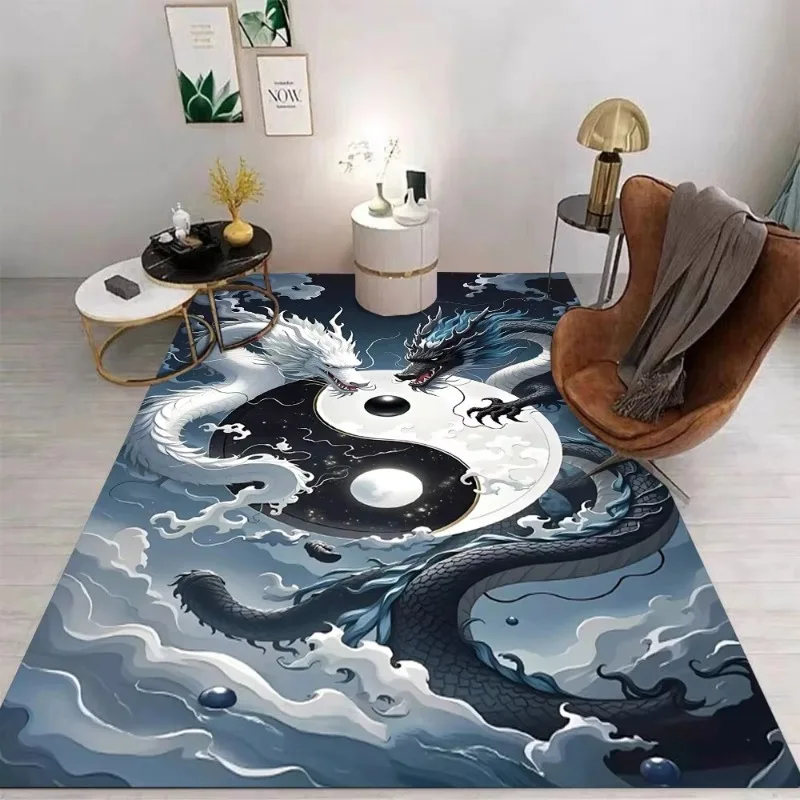 Chinese Dragon Pattern Floor Mat Various Styles with Dragons in Ink Style Yin Yang and Samurai Sword Scenes Rug for Home Decor