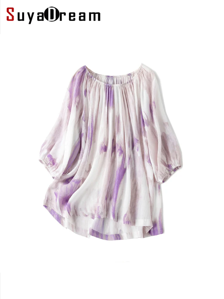 SuyaDream Women Printed Blouses 100%Silk Crepe Slash Neck Lantern Sleeves Shirts 2023 Summer New Casual Top Purple