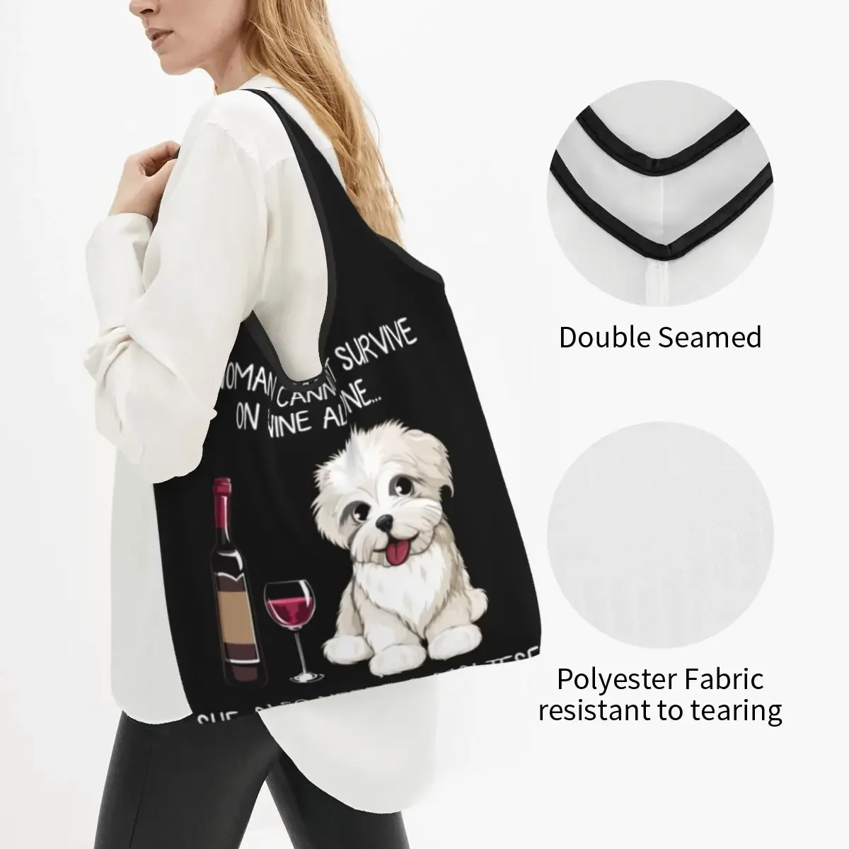 Kawaii Printed Maltese And Wine Funny Dog Tote Shopping Bags Portable Shopper Shoulder Pet Dog Lovers Handbag