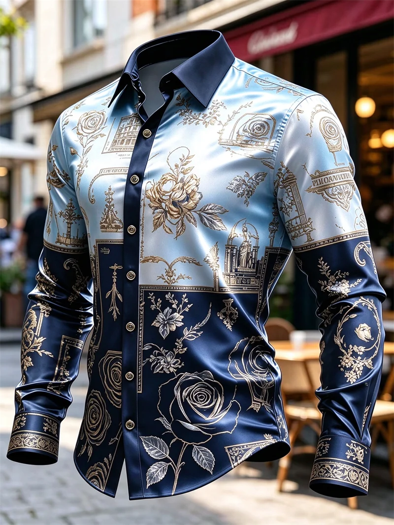 New Men's Shirt Red Black Satin Gold Rose Curly Grass European Court Pattern Black Collar Slimming Shirt