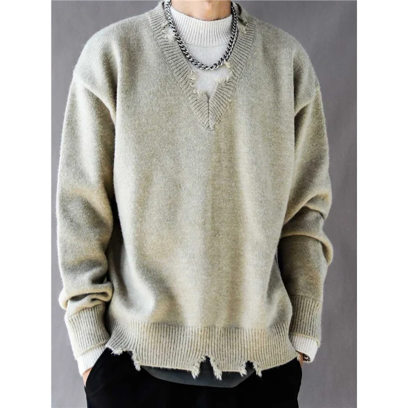 

American Sle Ripped V-Ne Loose Casual Men's Knitwear Autumn Winter Trendy Brand Splicing Knitted irt Faionable And Ha...