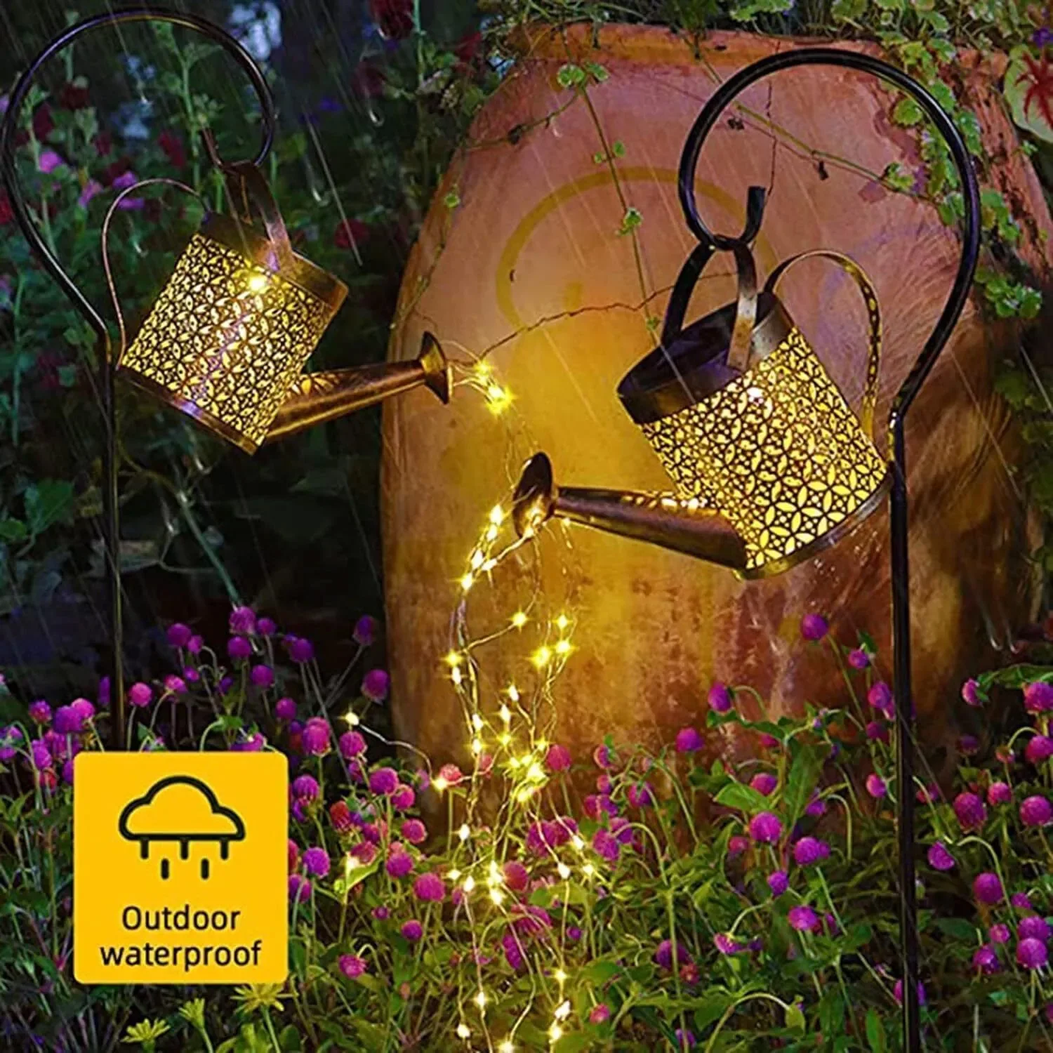 Solar Garden Watering Can Lights with Cascading Lights Waterproof Charging Board