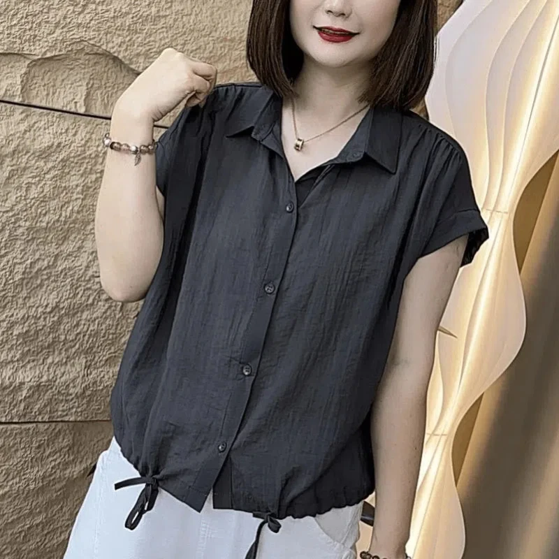 Camicia dal temperamento solido Top Casual Estate Nuova manica corta Allentata All-match Coulisse Camicetta vintage Moda Abbigliamento donna