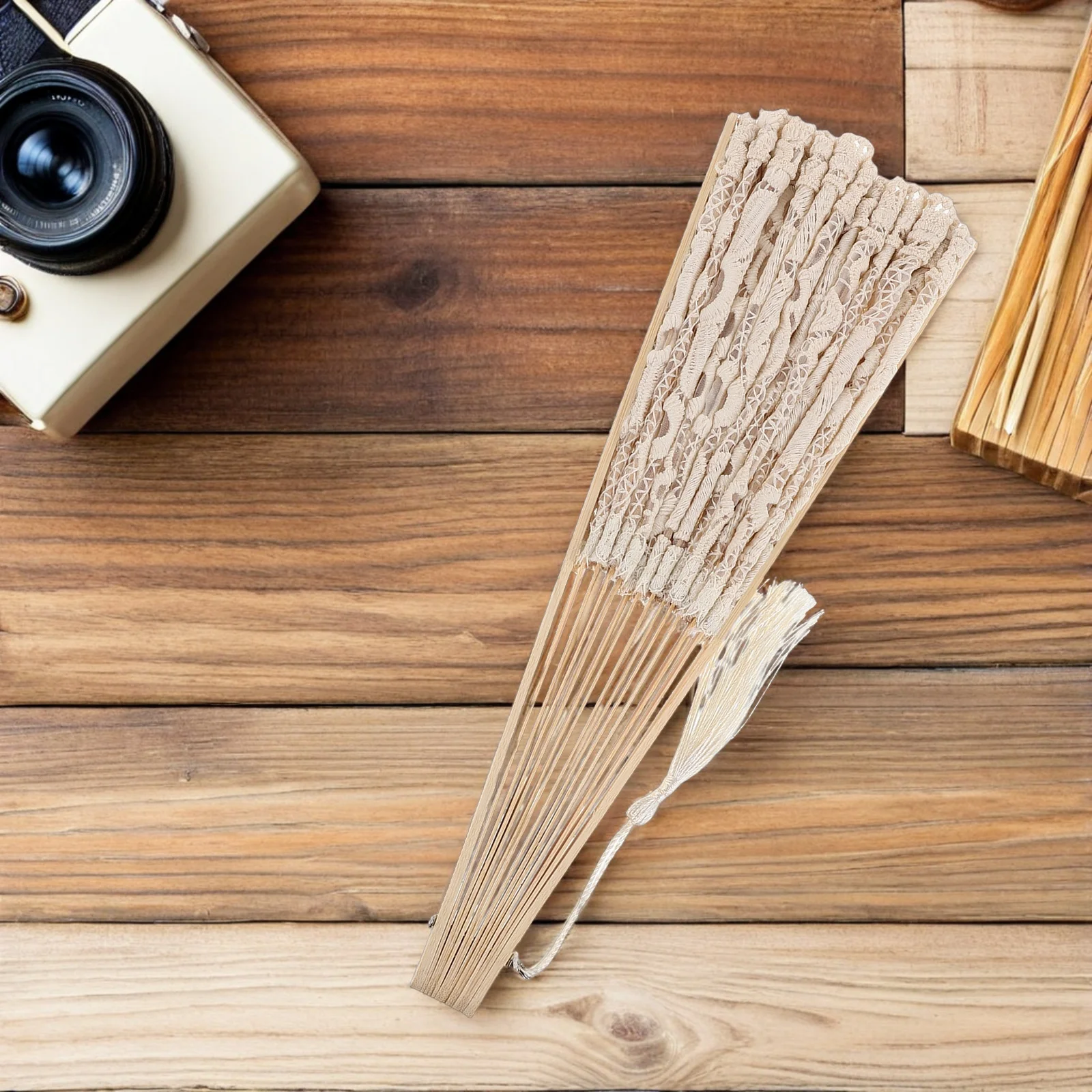 

Lace Folding Hand Fan 19Inch Elegant Bamboo Frame Tassel Bridal Wedding Party Decoration Dancing Festival Women Beige Vintage