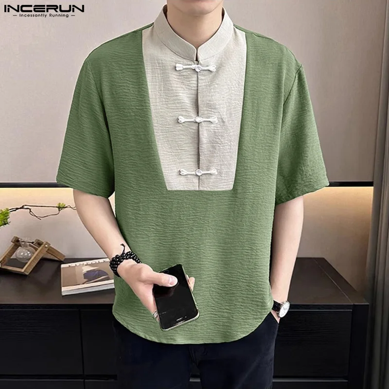 

INCERUN Tops 2024 Chinese Style Men's Contrast Color Patchwork Button Shirts Casual Simple Stand Neck Short Sleeved Blouse S-5XL