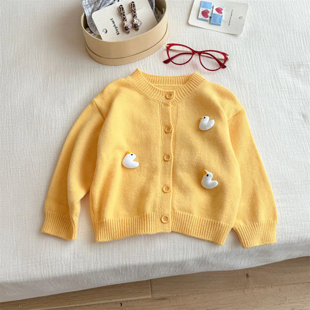 

Kids Girls Yellow Sweater Cute Duck Appliques Long Sleeve One Breasted Knitting Coat 2-8Y Children Spring Autumn Cardigan Jacket