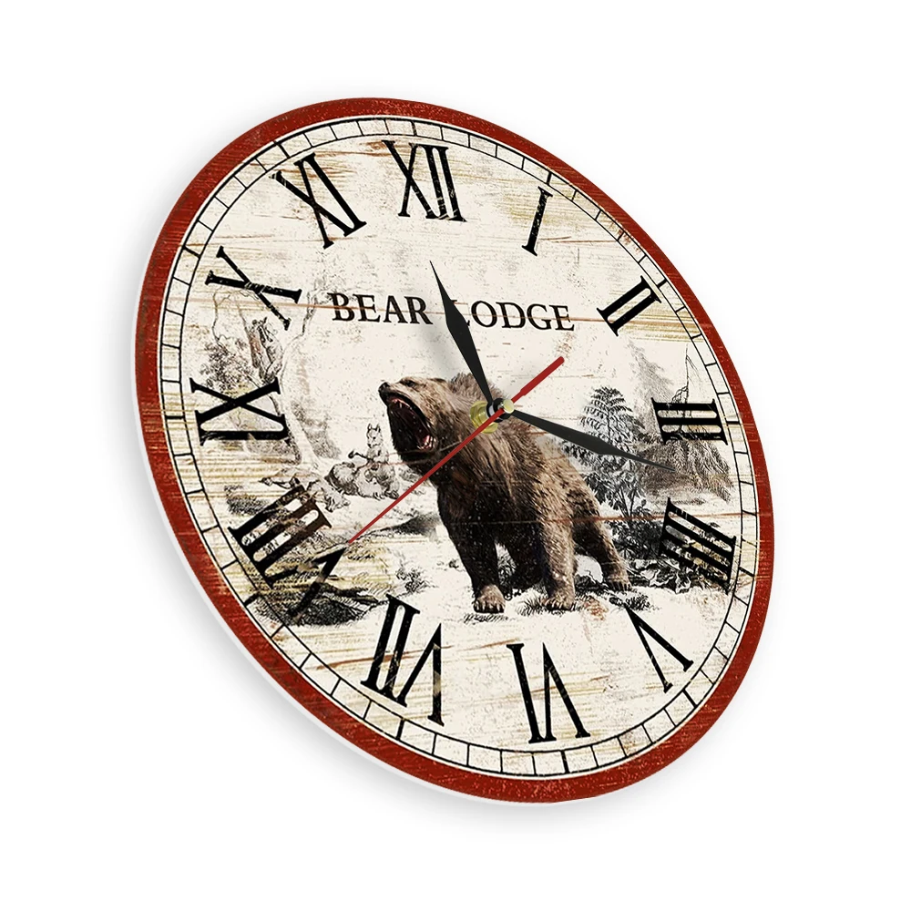 Cabin Bear Vintage Wall Clock Farmhouse Cabin Forest Wildlife Hunting Mountain Lodge Clock Rustic Home Decor Watch Hunters Gift