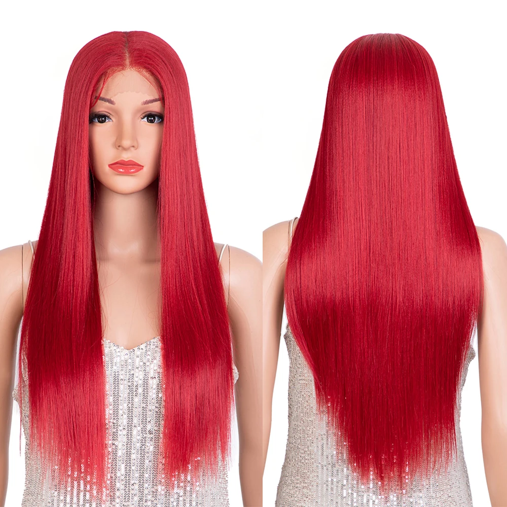 Renda sintetis Wig depan 28 inci Wig renda lurus panjang Wig merah Wig wanita untuk wanita hitam Wig lurus renda depan