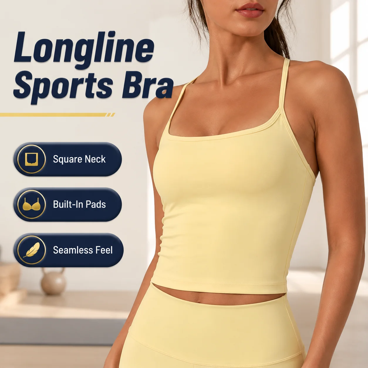 Women's Square Neck Spaghetti Strap Longline Sports Bra with Built-in Pads Nude Feeling Seamless Workout Tank Top for Yoga Pilat