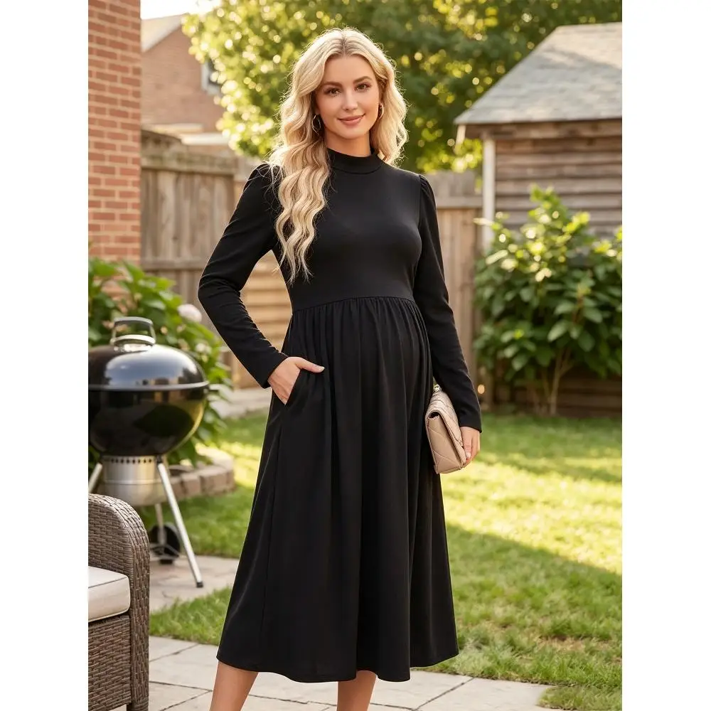 Maternity high neck with pocket long sleeve black dress autumn winter casual home comfortable long dress maternity wear