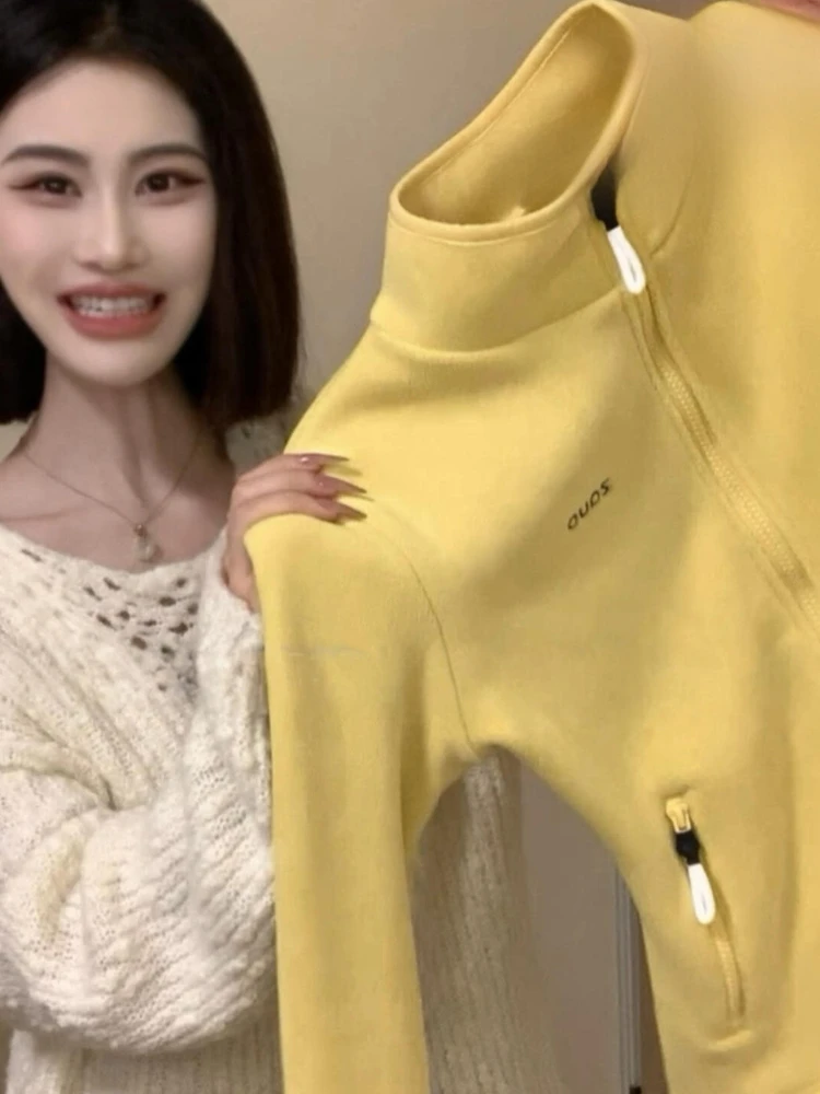 

Женская толстовка на молнии из флиса Slim Fit желтого цвета, модная внутренняя одежда в стиле Dopaamine, с длинными рукавами, корейская версия