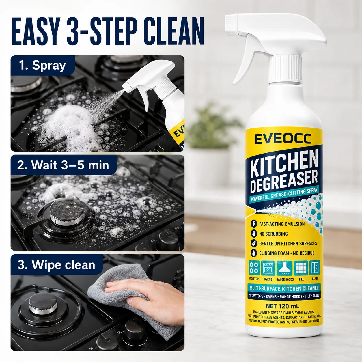 Household Kitchen Degreaser Foam Spray, Fast‑Acting Emulsion Grease Remover, Multi‑Purpose Kitchen Surface Cleaner