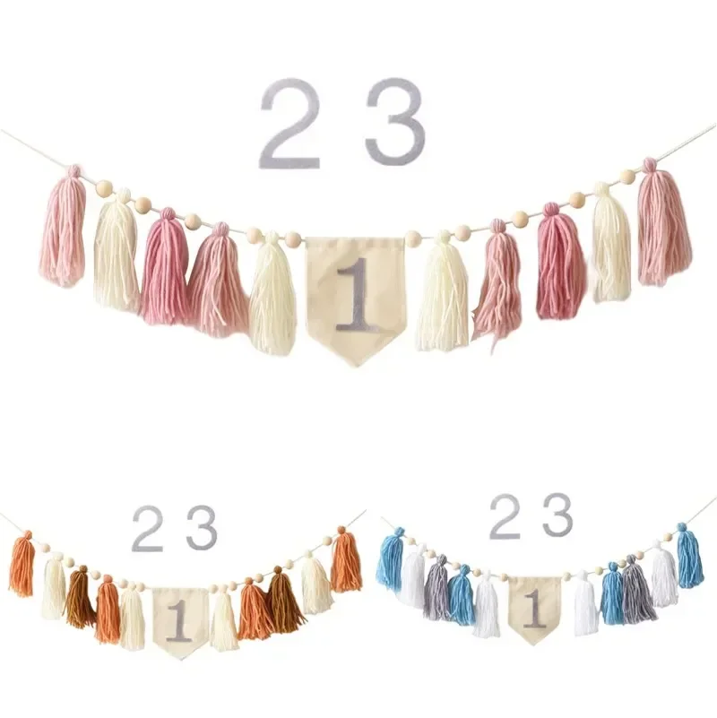 Let’s Make Baby Happy Birthday Party 1-3 Years Old Tassel Banner Newborn Milestone Photography Props for Kids Party Decoration