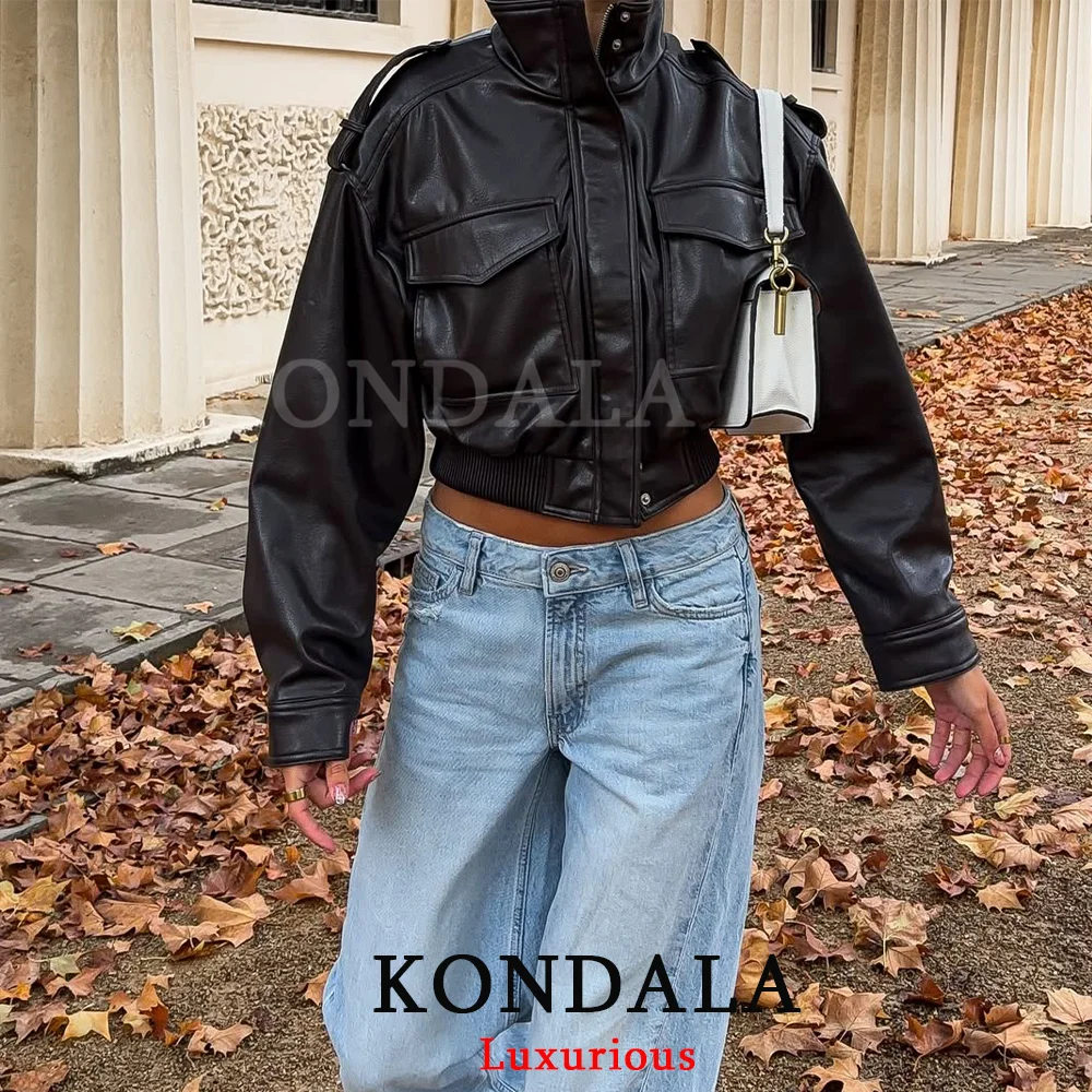 KONDALA Casual Chic Black Leather Bomber Jackets Women Long Sleeve Pockets Zipper Buttons Coat Fashion 2025 Autumn Winter Jacket
