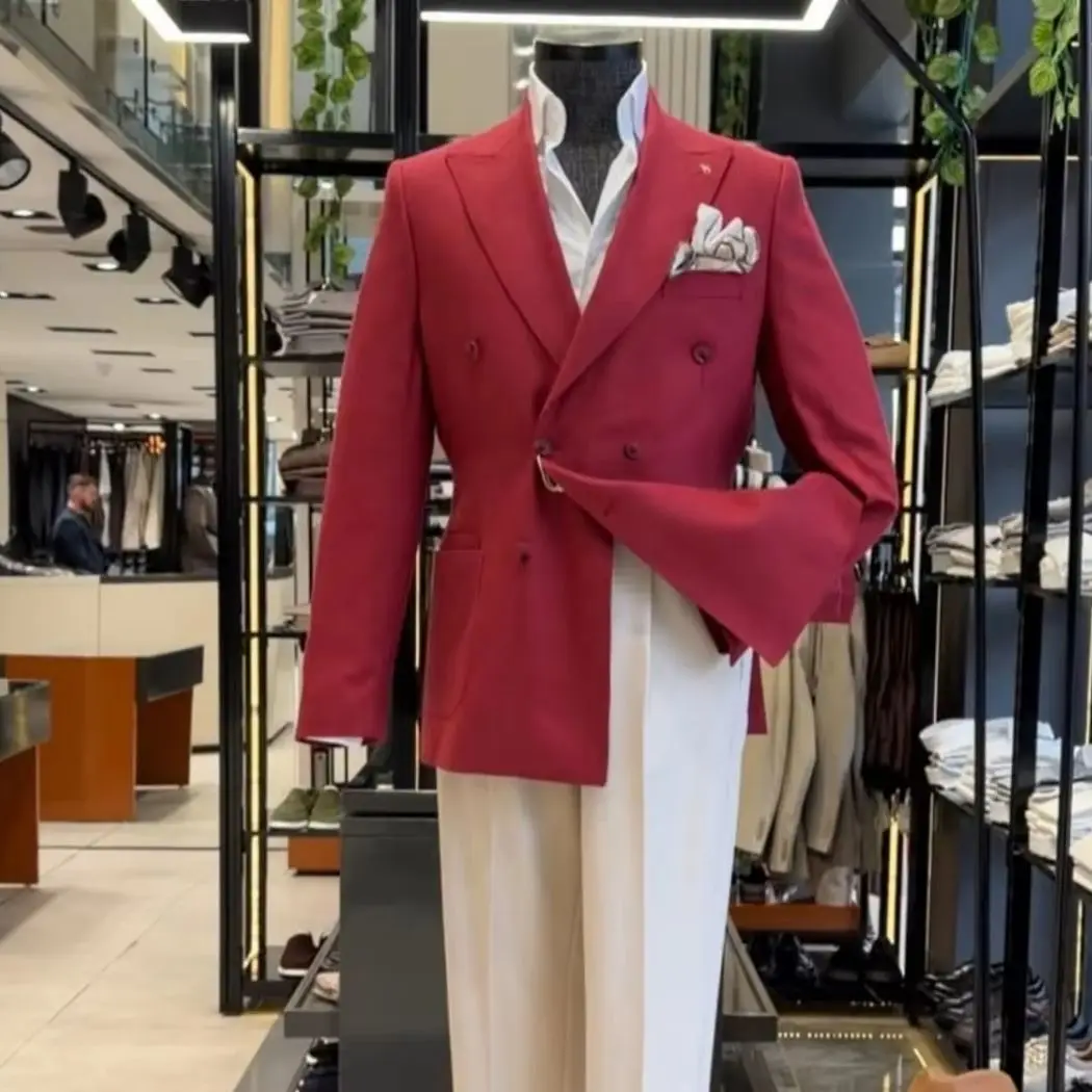 Vintage Mens Red And White 2 Piece Suit Double Breasted Linen Blend Slim Fit Pants Business Office Wedding Guest Prom Customized