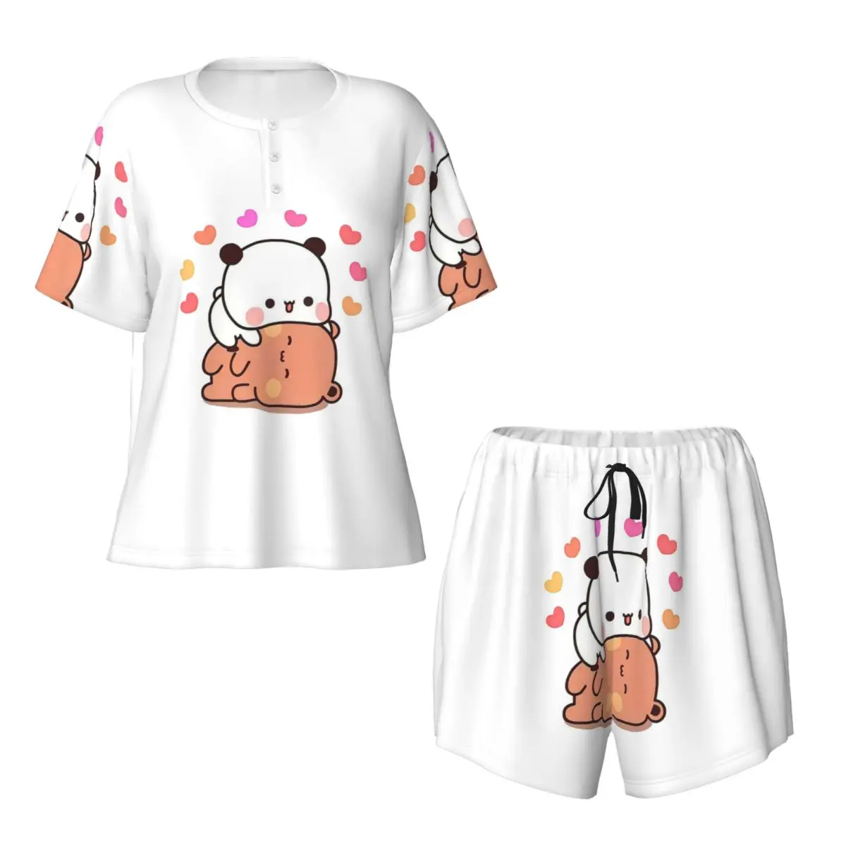 Bear And Panda Bubu Dudu Balloon Round Neck Short Sleeves Nightdress for Sleeping Sleepshirts Women Soft Pajama Set Short Pants