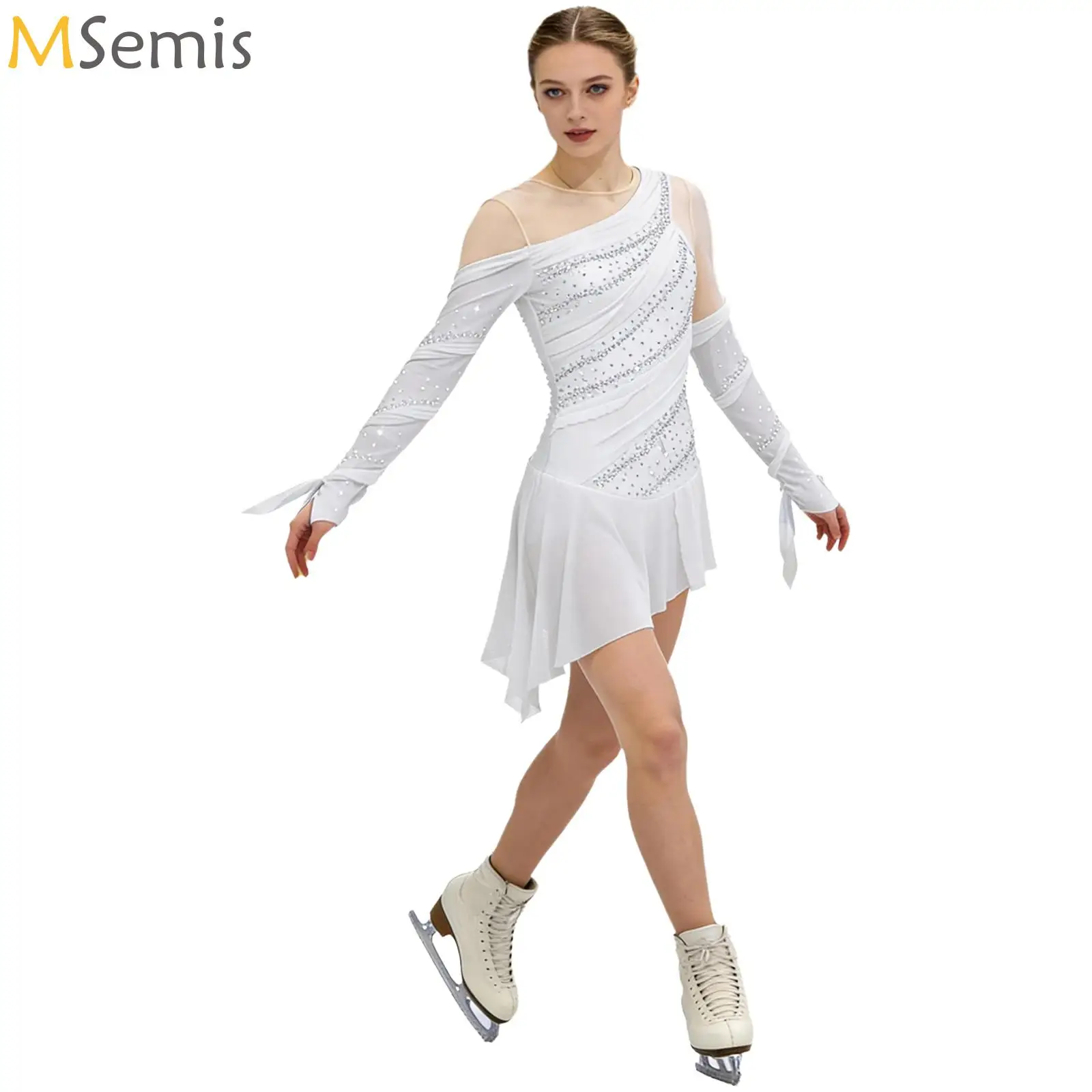 

Womens Figure Skating Dress Ruched Rhinestones Irregular Mesh Built-in Briefs Bodysuit Dress for Gymnastics Latin Ballet Dance