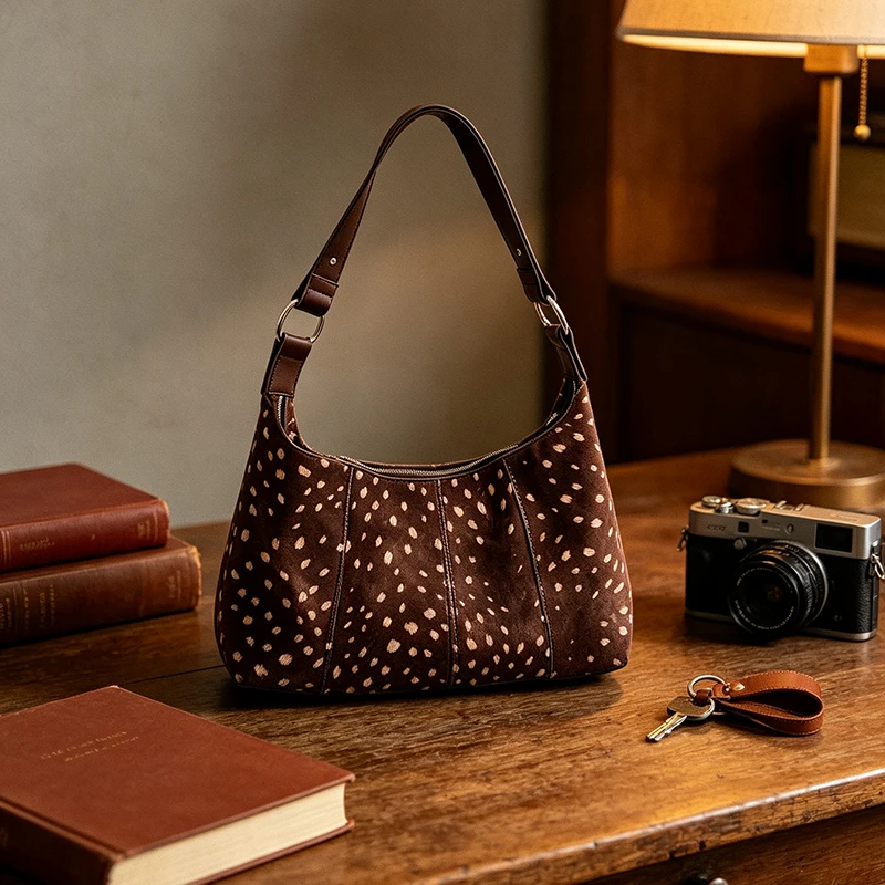 Deer Spots Schultertasche aus Kunstwildleder, Vintage-Handtasche für Damen, ideal für den Alltag im Herbst und Winter, große Kapazität, weich, lässig, mit Reißverschluss. – Detail 6