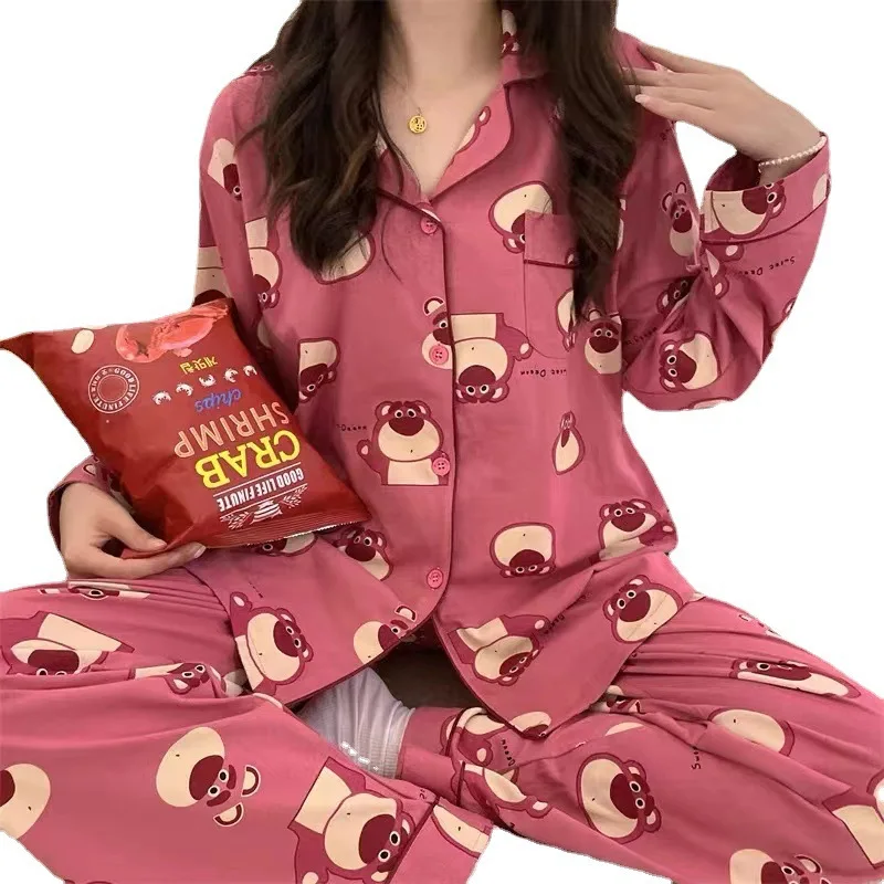 Sanrio Kuromi Cinnamoroll pijama dos desenhos animados para mulheres, conjunto de pijamas de 2 peças, terno de manga comprida feminino, moda fofa,