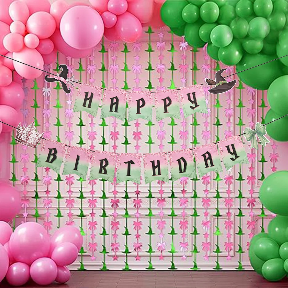 

Pink Green Happy Birthday Witch Banner Bow Crown Witch Hat Garland Flag Princess Baby Shower Halloween Witch Party Decorations