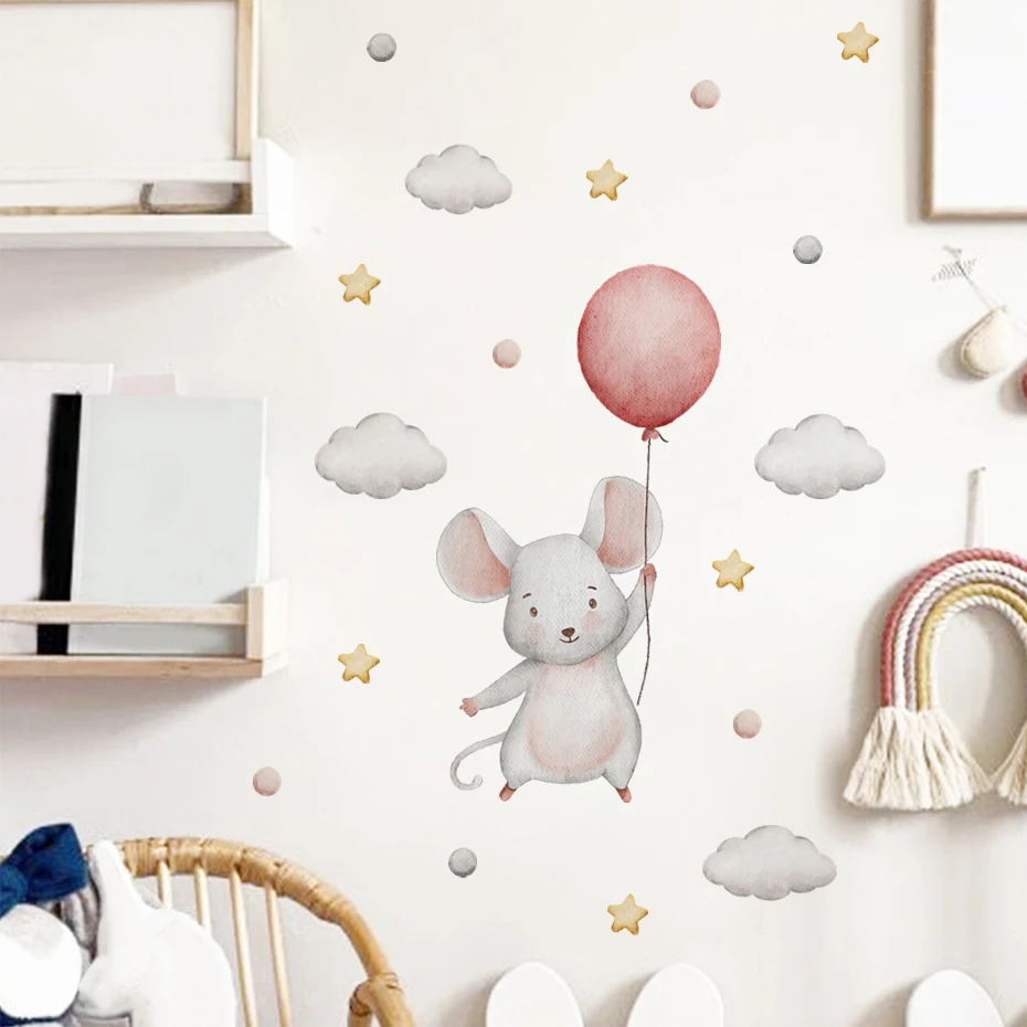 

Cartoon Cute Mouse Balloon Clouds Watercolor Wall Stickers for Kids Baby Room Play Room Nursery Wall Decals Home Decor