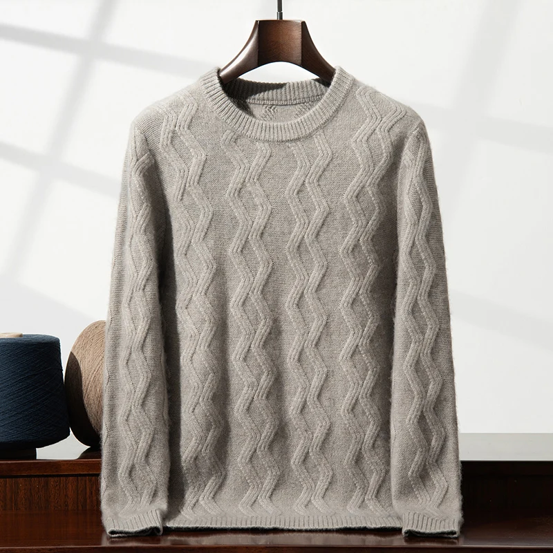 MVLYFLRT Men's 100% Cashmere Thick Round Neck Pullover Sweater Wavy Knit Warm Casual Long Sleeve Autumn Winter Essential