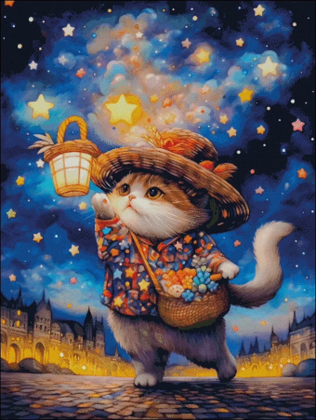 Stamped Cross Stitch Kit 11CT 14CT 16CT Pre Printed Canvas Cotton Thread DIY Embroidery for Wall Decor[ZZ4191-Star Picking Cat]