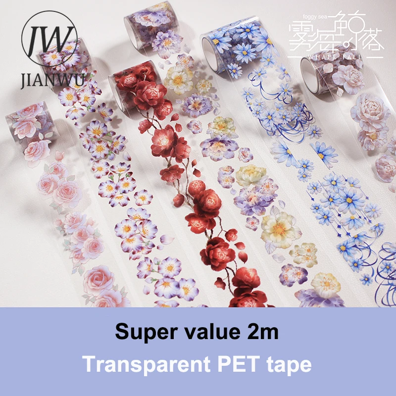 JIANWU 5/6 Rolls/Set Romantic Flowers PET Washi Tape Transparent Cute Journal Scrapbooking Decoration Masking Tapes Stationery