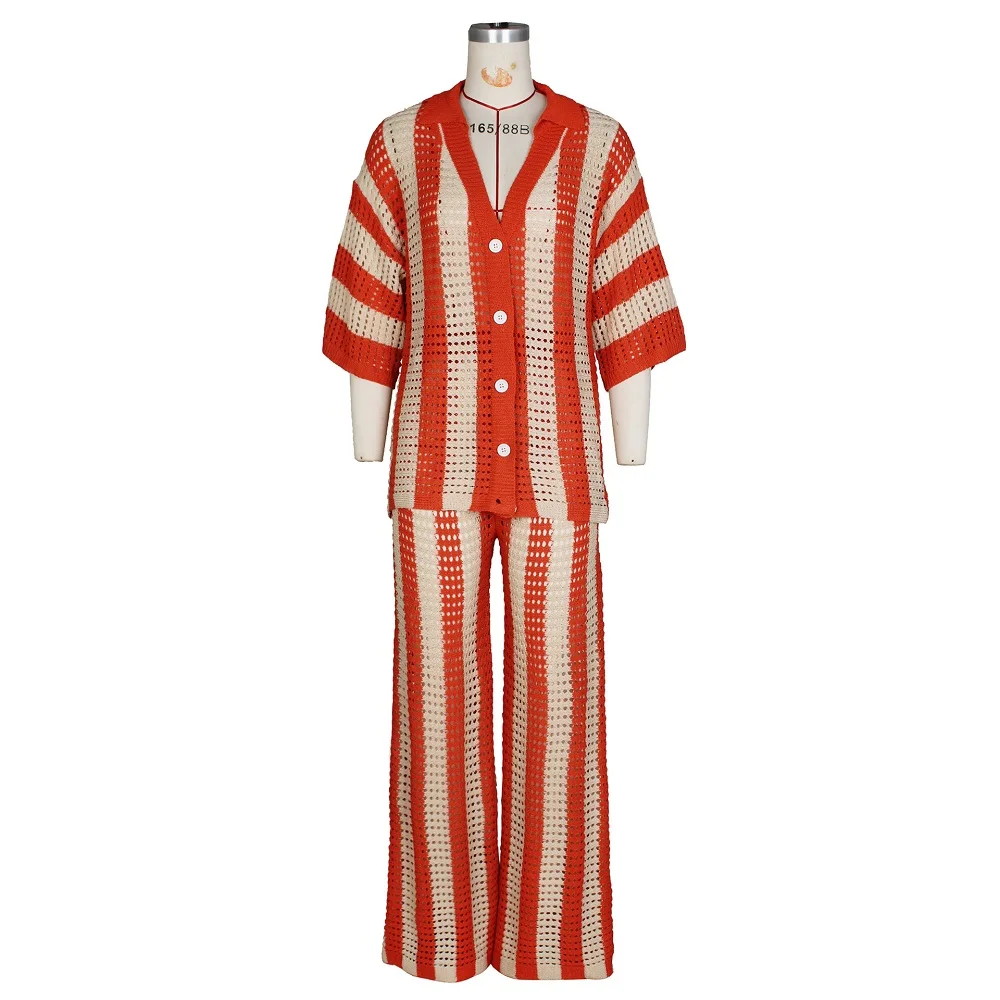 Costume Cover-ups 2025 nouveau tricoté évider cardigan haut pantalon droit ensembles maille taille haute bas costume Sexy tenues de plage