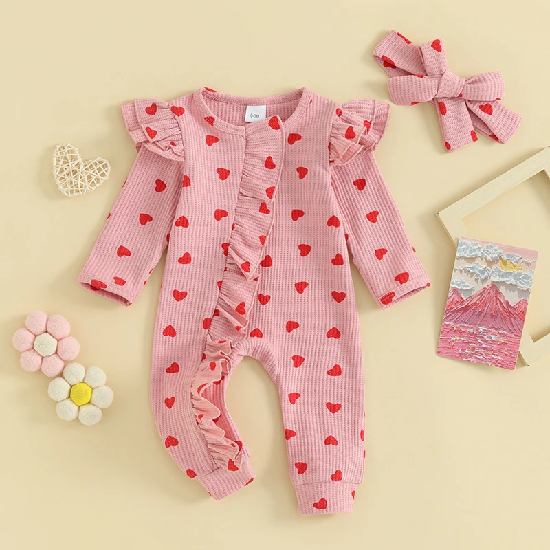 

Suefunskry Baby Girls Valentine's Day Jumpsuit Pink Long Sleeve Crew Neck Heart Print Ruffled Romper with Headband