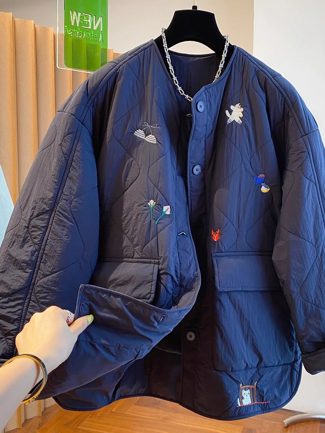 

Ele Embroidered Cotton Jaet Women's Casual Loose Fit Warm Winter Coat round Ne Button up Thiened Long Sve Coat