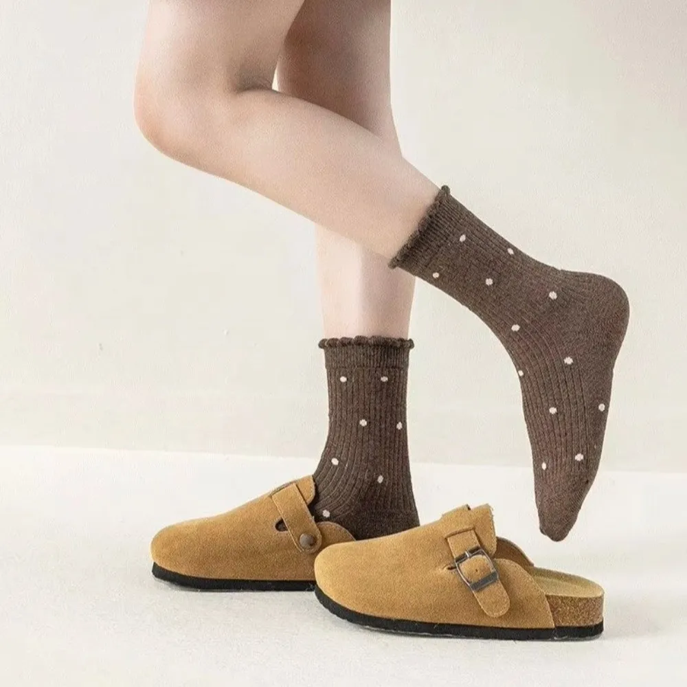 5Pairs/set Soft Cotton Mid-Calf Crew Socks Ruffle Frill Design Polka Dot Pattern Frill Loose Cuff Socks 5 Pairs Set Loose Cuff