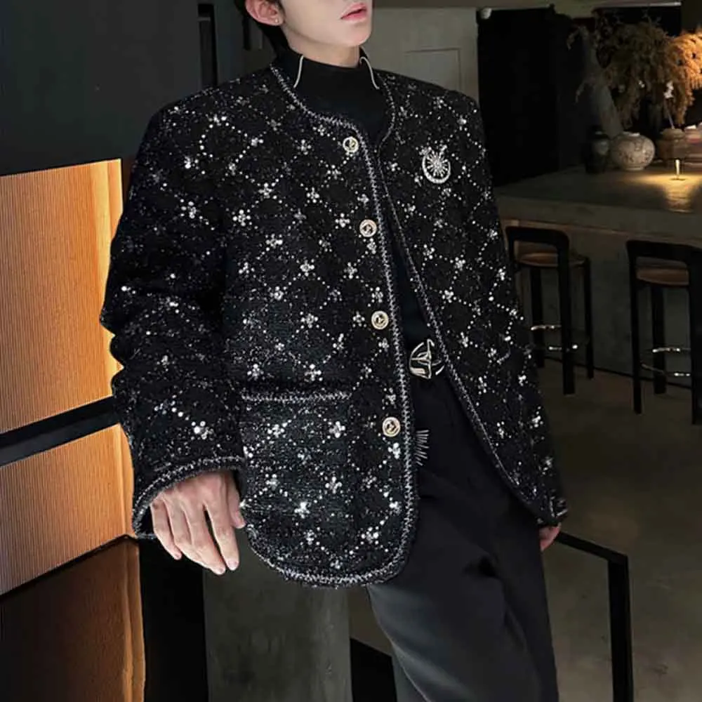 Mens Autumn Jacket Sequin Embroidery Faux Woolen Ballroom Jacket Fashion Nightclub Stage Performance Top Men'S Clothing 2025 New
