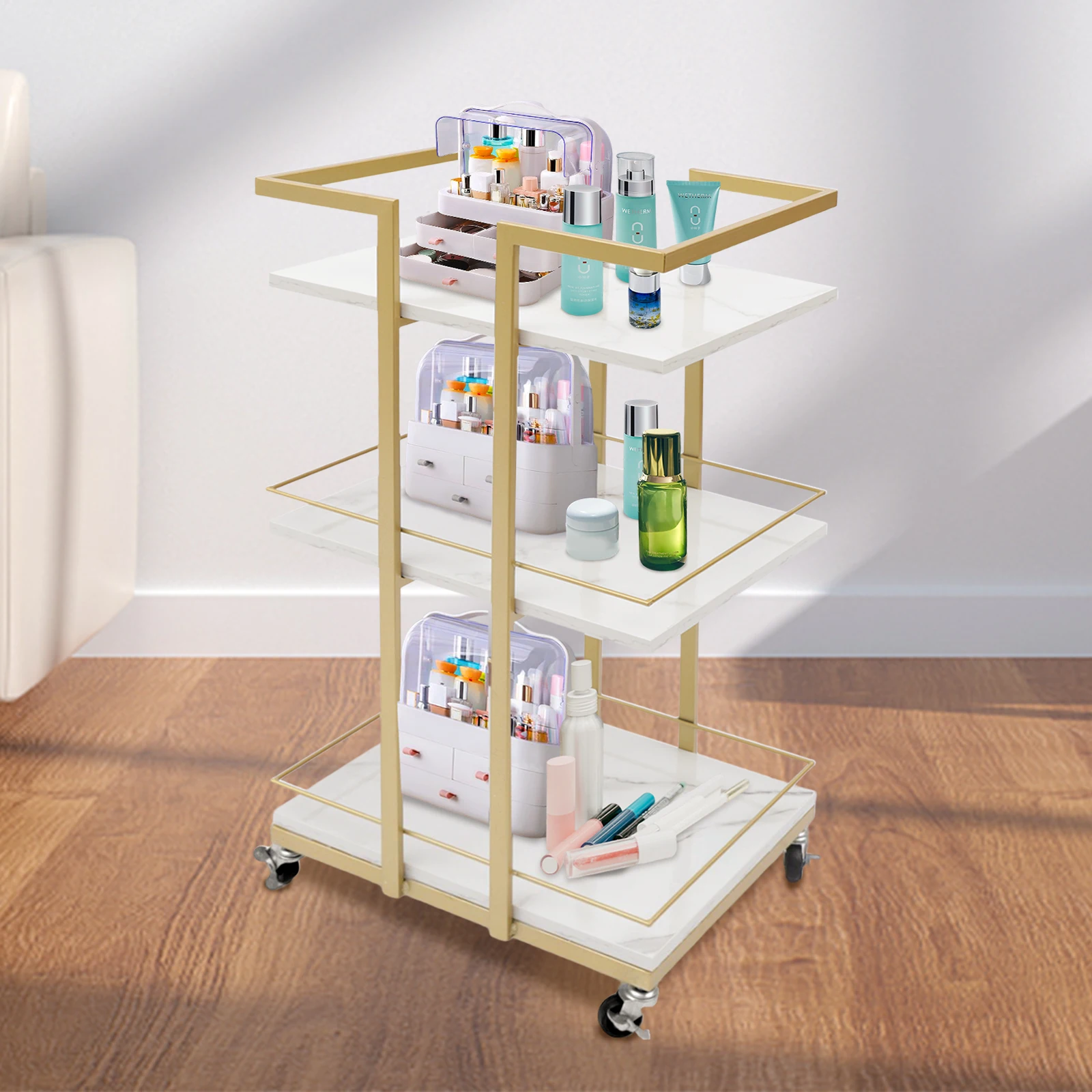 Utility Trolley 3-Tier Storage Rolling Cart Iron Wood White Gold Baking Paint with Wheels Multi-purpose for Cosmetics Snacks