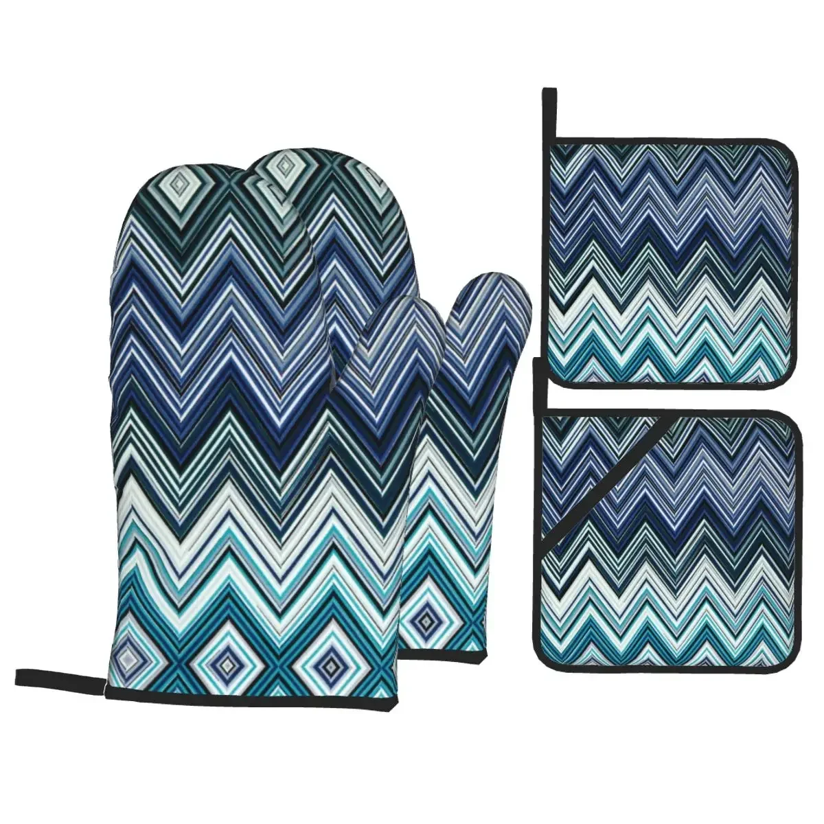 ZickZack-Ofenhandschuhe und Topflappen, 4-teiliges Set zum Backen, Kochen, rutschfest, hitzebeständig, geometrisch, für Grill, Küche, Handschuhe, Topflappen