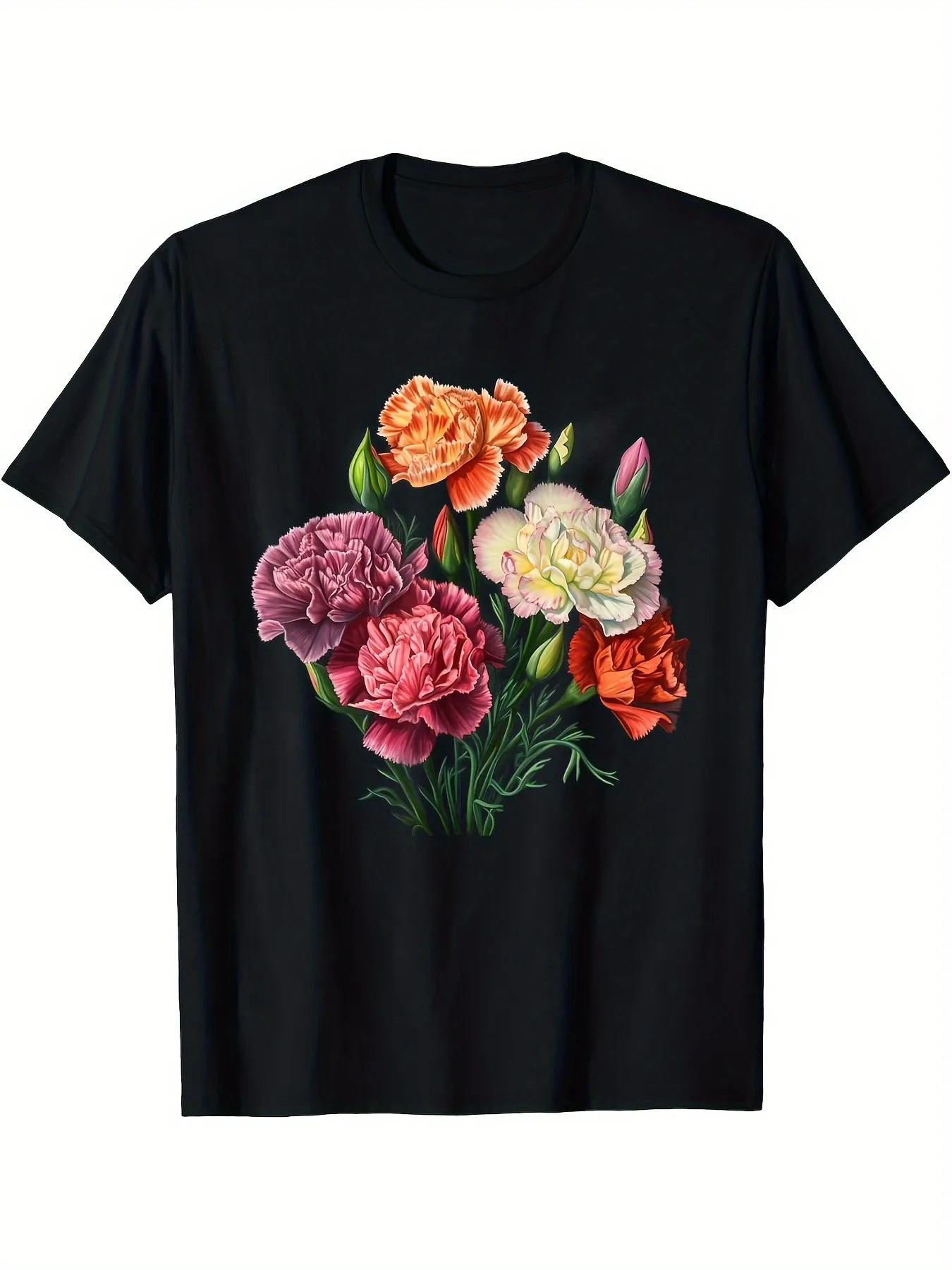 Men's Floral Carnation T-Shirt, Elegant Pink, Orange, Red, White, Brown-Red Bouquet Pattern on a Black Background, Round Neck Short-Sleeve Top for Everyday and Formal Occasions, Soft and Breathable Fabric, Adult Casual Shirt, Comfortable and Easy to Care for