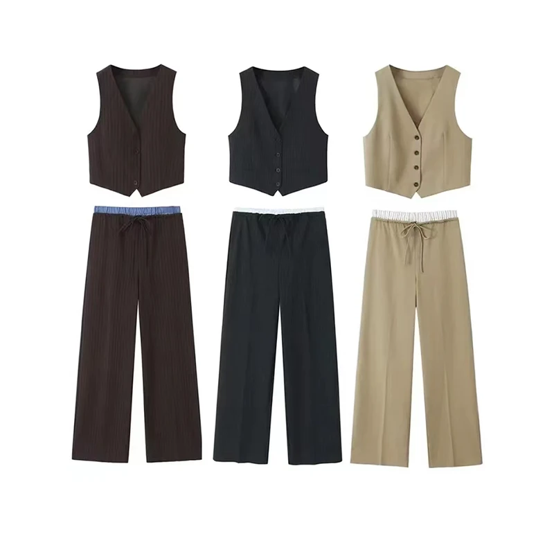 greatguy Women Fashion Two Piece Set Khaki Tank Tops & Straight Leg Pants Vintage V-Neck Single Breasted Female Chic Pants Suit