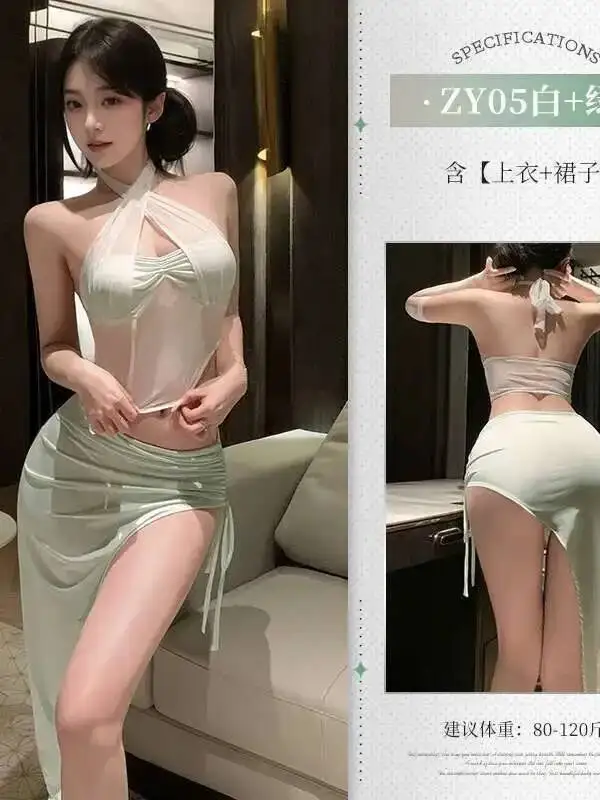 فستان بيجامات برباط مكشوف للأرداف مثير ورغبة نقية فستان أنيق من الدانتيل الشبكي باللون الأخضر 2025 ملابس علوية جديدة VYJ0 #6