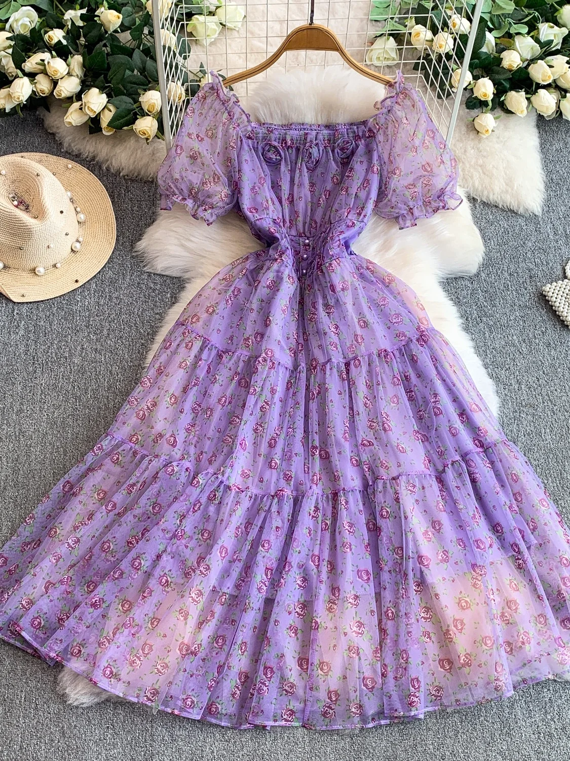 Princ Sle Sweet Floral Print Square Ne Bubble Sve Dr Women's Autumn Winter Slimming A-Line Long Dr with Hem