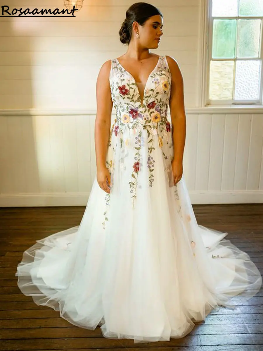 Colorful V-Neck Floral Lace A-Line Wedding Dress Sleeveless Open Back Country Boho Bridal Gowns