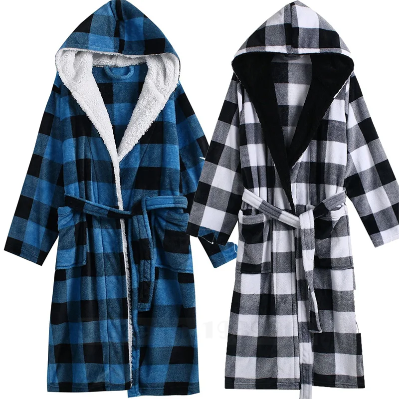 Thicken Flannel Hooded Long Robe Couple Sleepwear Lounge Wear Winter Warm Bathrobe Nightgown Loose Coral Fleece Plaid Homewear