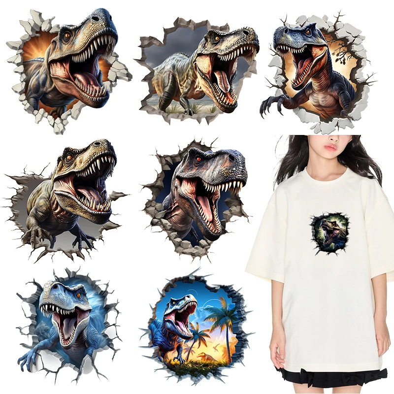 Dinosaurs break through holes and emerge from walls DTF Heat Transfer On Clothes iron on heat transfer Children\'s clothing