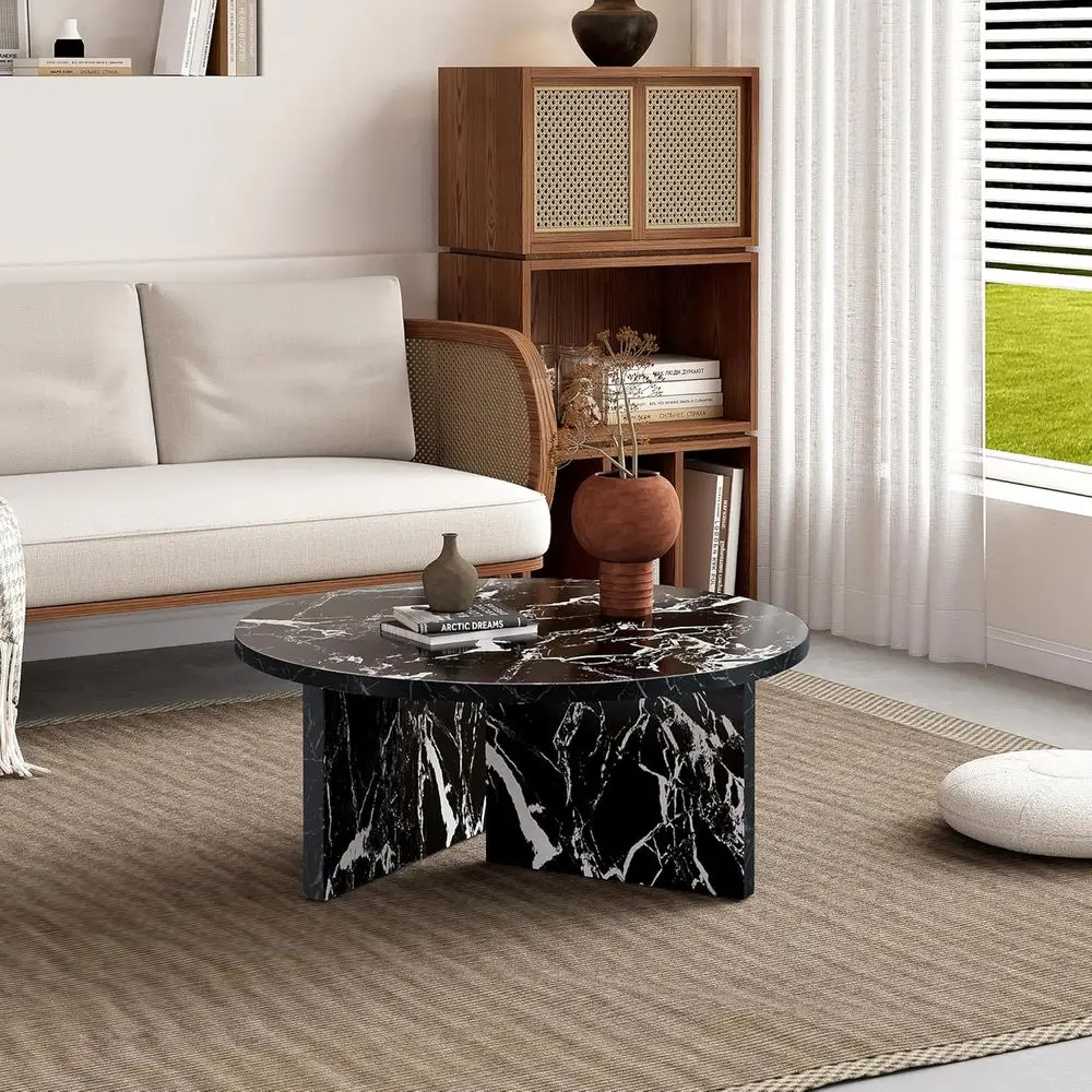 

31.5 Round Black Marble Coffee Table - Modern Low-Profile Design for Living Room, Family Room, or Office