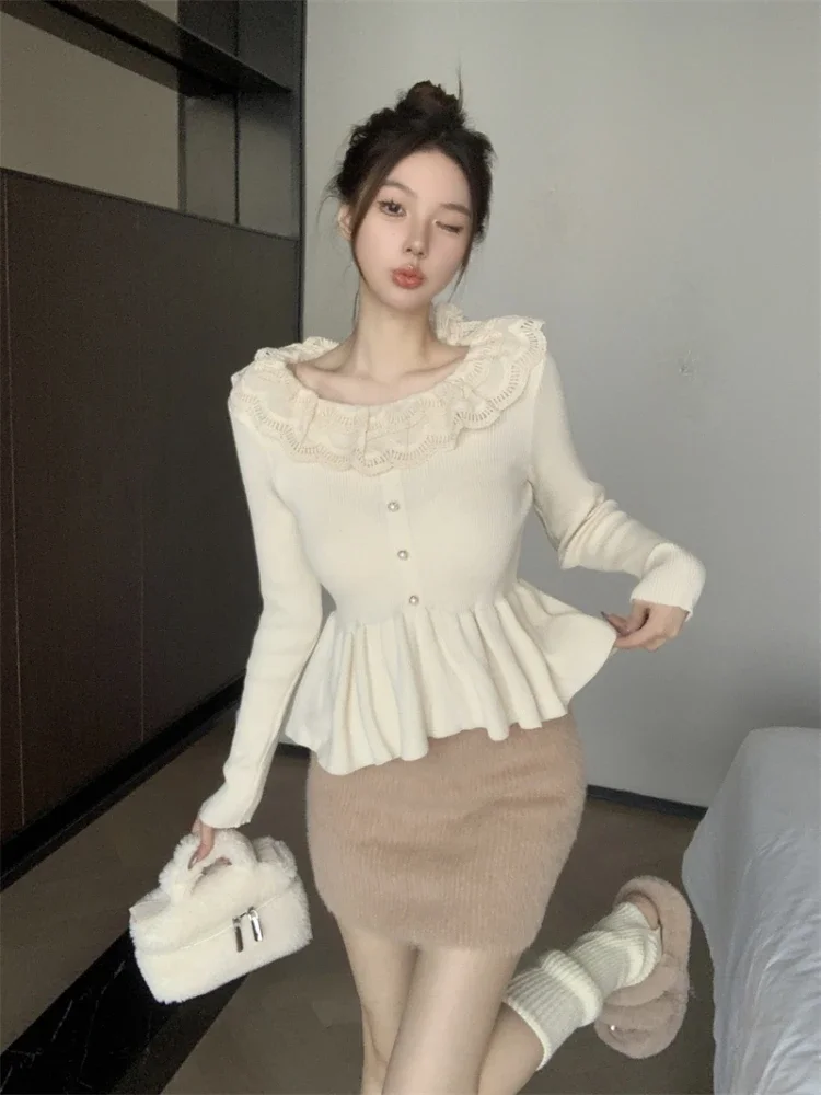 Winter Clothing Sweet Sweater Women 2024 Ropa Mujer Elegant Ruffles Y2K Jumper Pull Femme Lace Patchwork Knitted Pullovers Tops