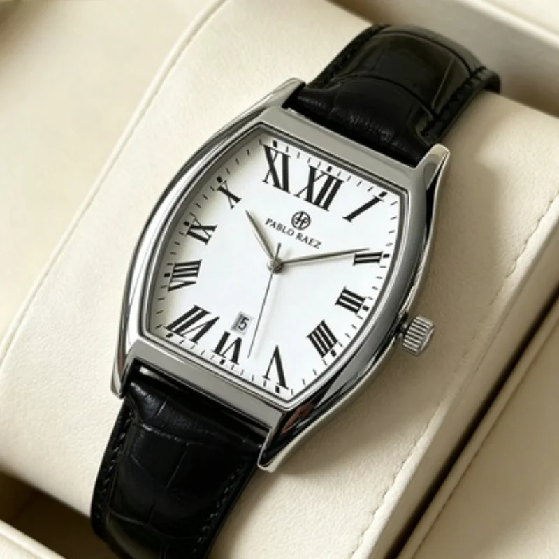 2026 Men's luxury waterproof belt wine barrel shaped watch simple and casual temperament men's watch quartz watch gift