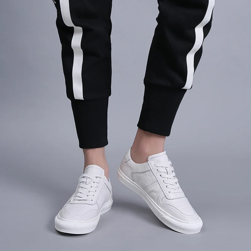 Men Casual Shoes Luxury Brand Fashion Black White Sneakers Men 100% COw Leather Breathable Soft Walking Footwear