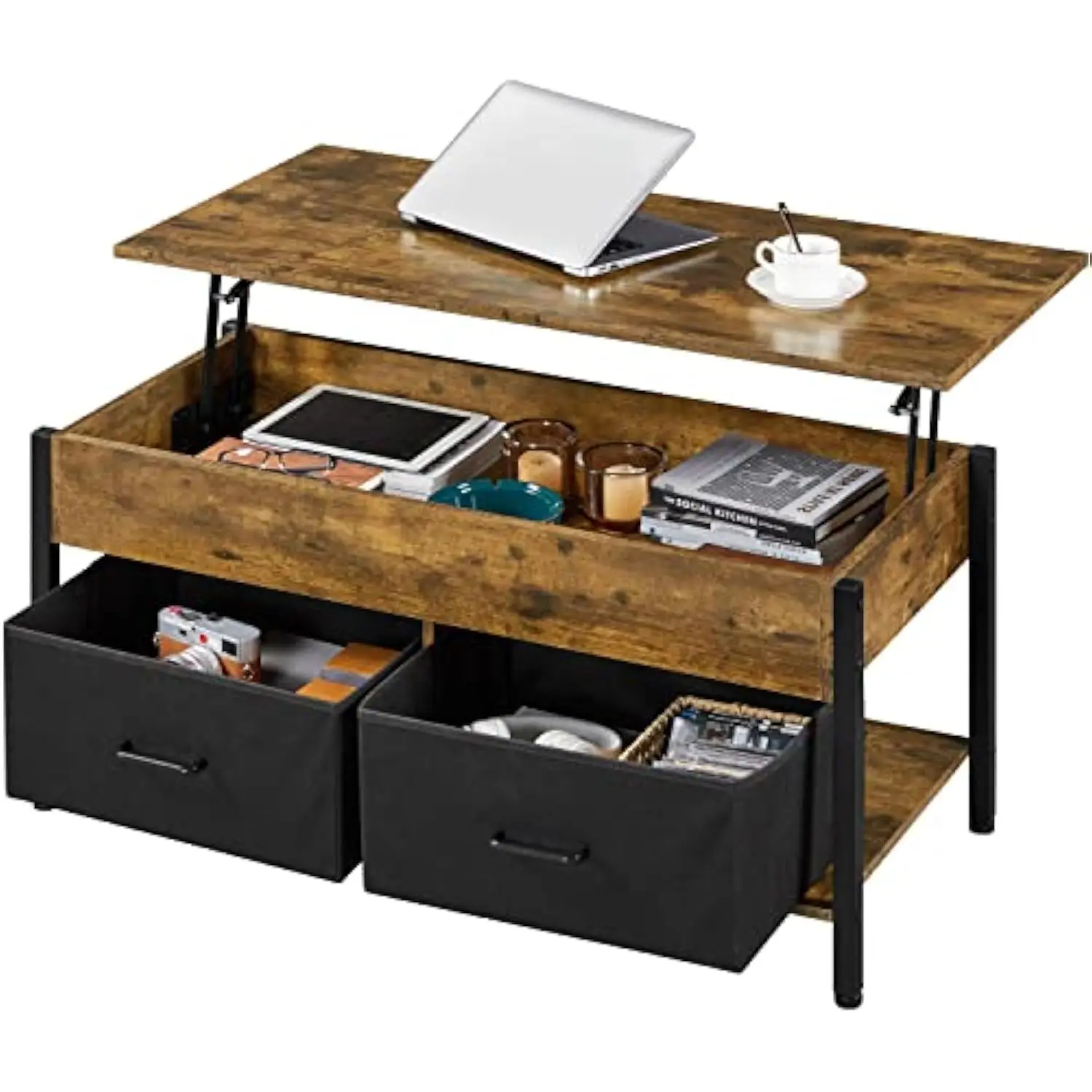 

Lift Top Coffee Table with Storage and 2 Fabric Baskets, 41.5 Inch Wooden Raisable Top Coffee Table for Living Room & Office,