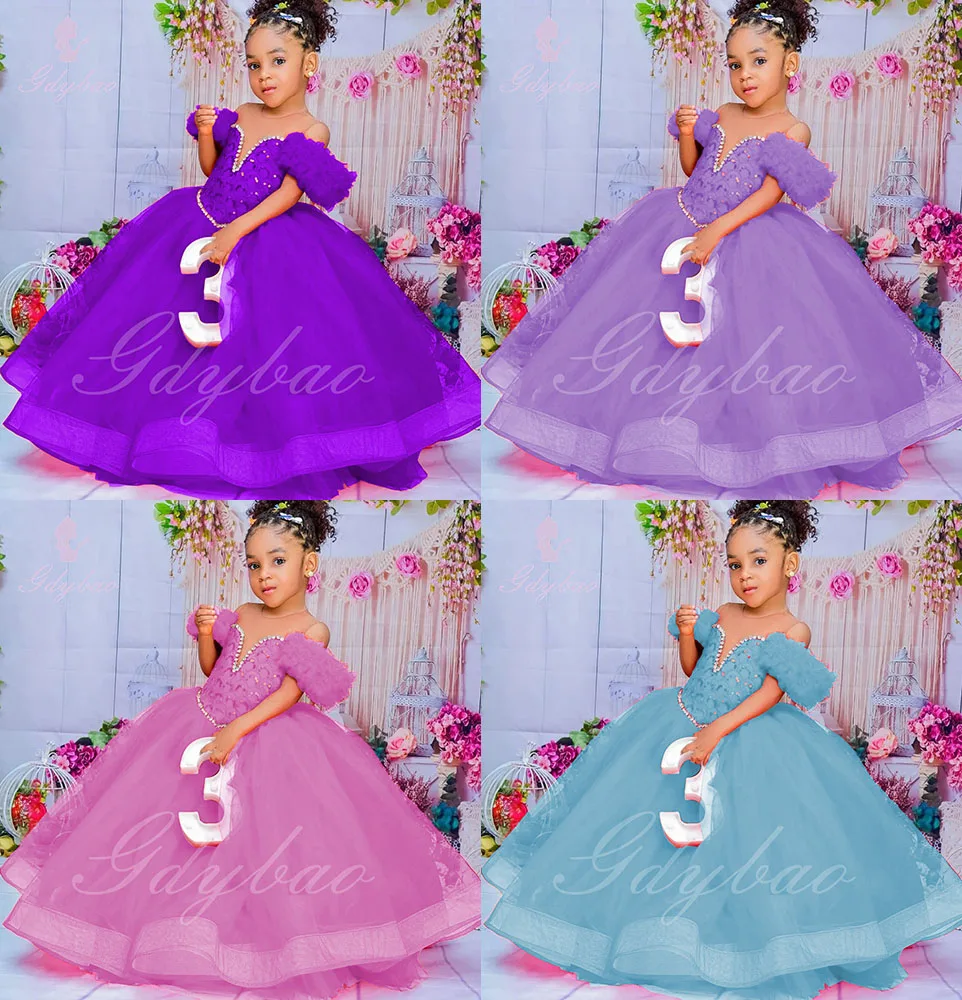 

Purple Tulle Flower Girl Dress For Wedding Beaded Ruffles Puffy Applique Princess Kids Birthday Party First Communion Gown